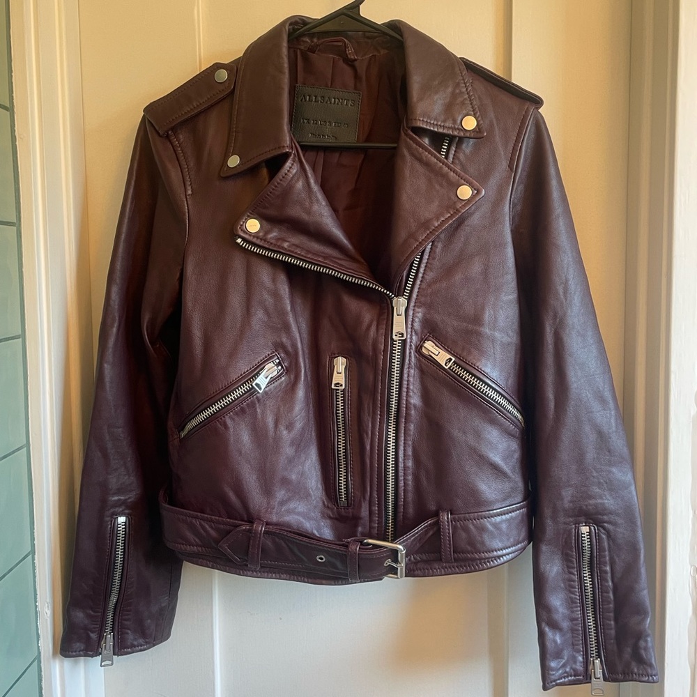 All Saints Wine Lamb Leather Moto Jacket